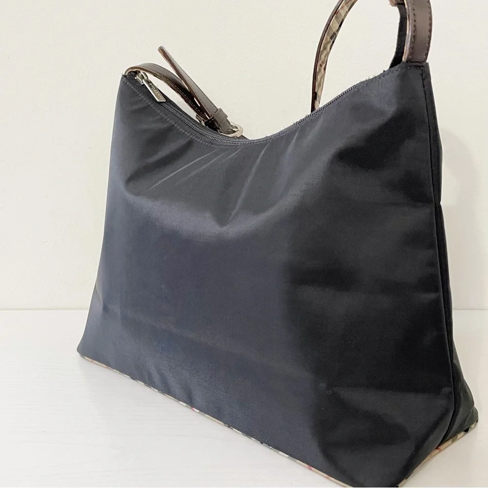 Burberry blue label black nylon tan nova check trim shoulder hobo bag - Picture 2 of 12